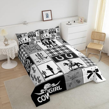 Western Cowgirl Girly Comforter Set Queen Size,Cactus Horseshoes Cow Skull Boot Rustic Bedding Set,Girls Women Room Decor,Bow Arrow Plaids Patchwork Down Comforter,Black Duvet Insert,2 Pillowcases