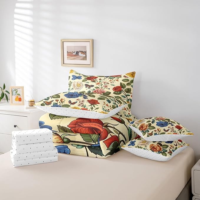Feelyou Rose Comforter Set Full Size 7 Pieces Rose Floral Flower Bedding Set for All Season Romantic Butterfly Vintage Garden Flower Bed in a Bag with Comforter, Sheets, Pillowcases & Cushion Cover