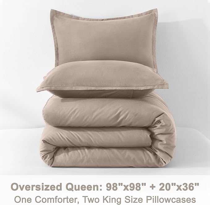 Litanika Light Coffee Comforters Oversized Queen Size, 3 Pieces Lightweight Solid Bedding Comforter Set, All Season Fluffy Bed Set (98x98In Comforter & 2 Pillowcases)