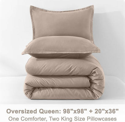 Litanika Light Coffee Comforters Oversized Queen Size, 3 Pieces Lightweight Solid Bedding Comforter Set, All Season Fluffy Bed Set (98x98In Comforter & 2 Pillowcases)