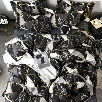 CLOTHKNOW Black White Marble Comforter Set King Size Triangle Plaid Bedding Comforter Set All Season Geometric Comforter