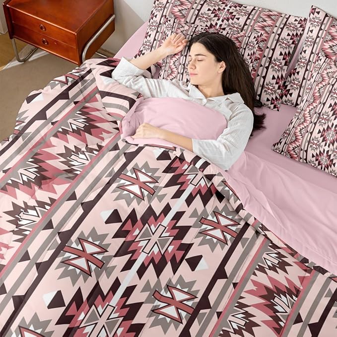 Erosebridal Pink Southwestern Bedding Set Full 7 Piece Exotic Aztec Nordic Style Comforter Set Western Ethnic Geometric Stripes Bed in A Bag Rustic Tribal Native Bohemian Quilt with Flat Fitted Sheet