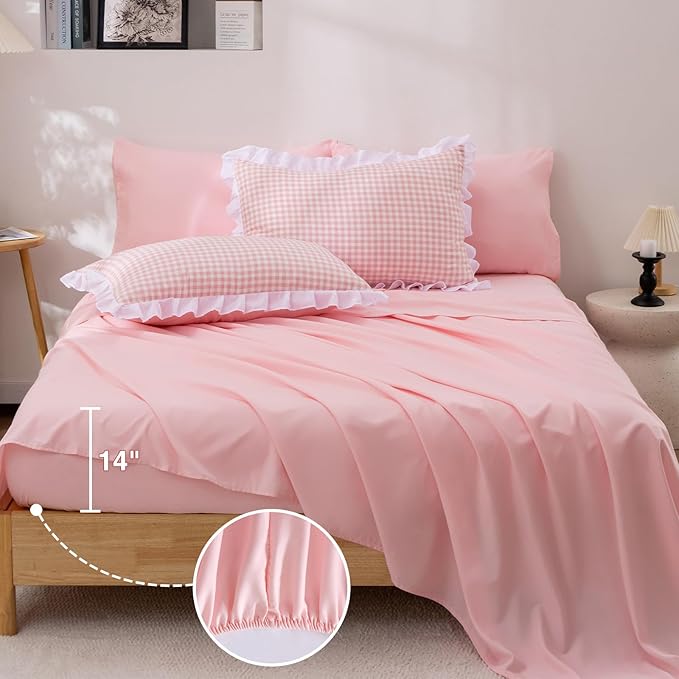 A Nice Night Comforter Twin Size,Pink Ruffle Comforter for Dorm Room Essentials for Twin Bed,Plaid Checkered Chic Bedding Bed in a Bag for Girls