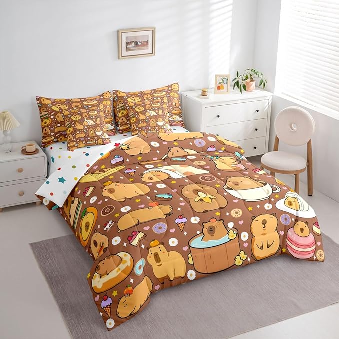 Erosebridal Capybara 7 Pieces Bedding Set Queen Size,Cute Capybaras Bed in a Bag,Funny Rodent Animals Bed Set Includes Comforter,Sheet Set,Pillowcases & Pillow Covers,Stars Love Hearts Bedroom Decor
