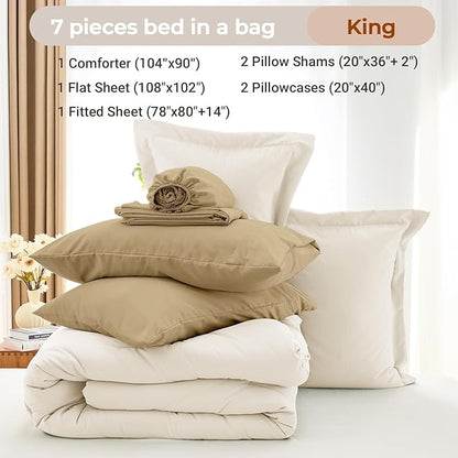 MUXHOMO 7 Pieces King Comforter Set, Soft Bed in a Bag King Size, All Season Bedding Set with Comforter, Flat Sheet, Fitted Sheet, Pillowcases & Shams, Ivory & Khaki