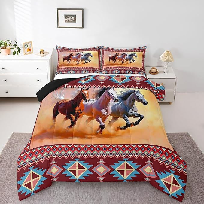 Erosebridal Aztec Comforter Set Western Bedding Set King African Tribal Horse Printed Cowboys Gifts for Men,Southwest Exotic Geometric Triangle Diamond Quilt,Farm Animals Farmhouse Decor,Messy Rust