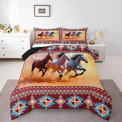 Erosebridal Aztec Comforter Set Western Bedding Set King African Tribal Horse Printed Cowboys Gifts for Men,Southwest Exotic Geometric Triangle Diamond Quilt,Farm Animals Farmhouse Decor,Messy Rust