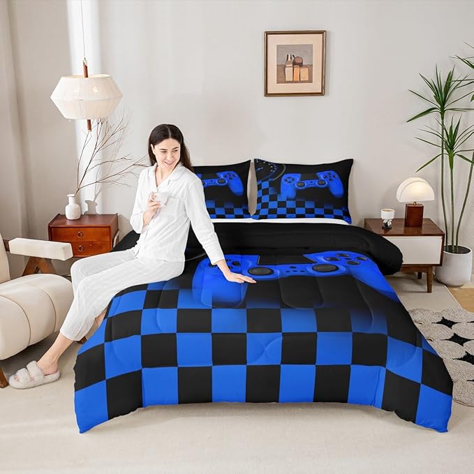 Erosebridal Gamer Bedding Set for Boys&Girls,Blue Buffalo Plaid Check Gaming Comforter Set King Size Gamer Room Decor Gift,Gamepad Alternative Duvet Insert,Gamer Quilt Set with 2 Pillowcases Soft