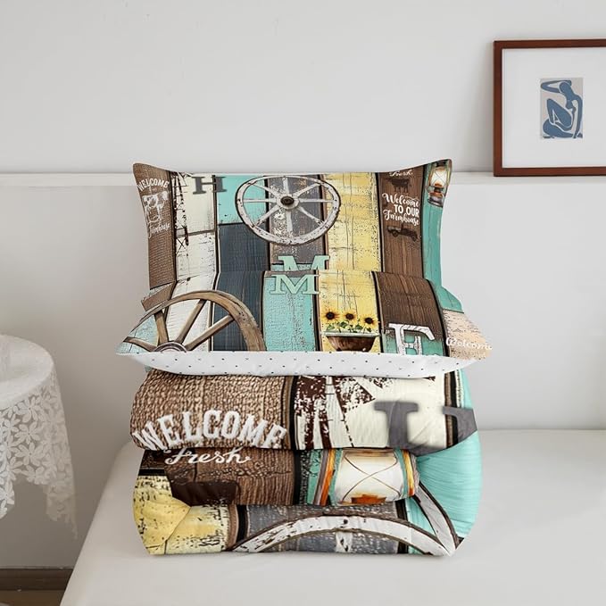 Rustic Farmhouse Cabin Bedding Set Retro Western Barn Wheel Windmill Comforter Set Twin,Farm Animal Sunflower Lodge Down Comforter,Pastoral Country Planks Quilt Duvet Insert Yellow Teal Brown 2 Pcs