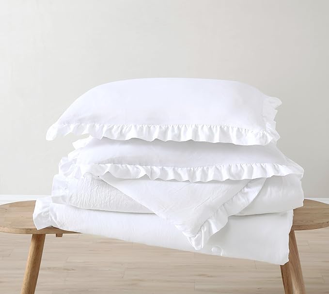 Chezmoi Collection Nora White Comforter Set Ovesized King 3-Piece Fluffy Soft Stone-Washed Ruffled Shabby Chic Bedding for All Season
