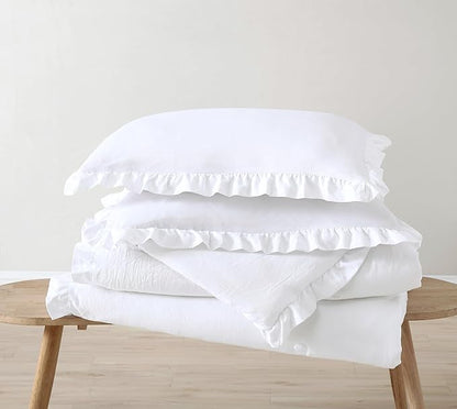 Chezmoi Collection Nora White Comforter Set Ovesized King 3-Piece Fluffy Soft Stone-Washed Ruffled Shabby Chic Bedding for All Season