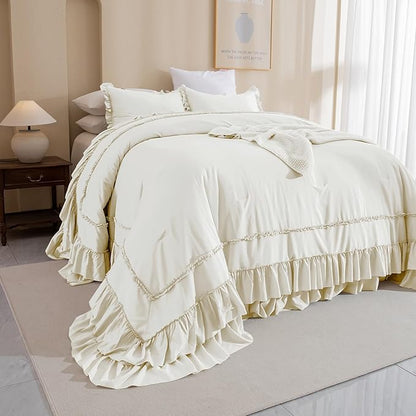 QSH Oversized King Ruffle Comforter 128x120,3PCs Ivory Farmhouse Lightweight Ruffled Bed Comforter Set Soft Microfiber Shabby Boho Chic California King Bed Comforter Set French Country Bedding