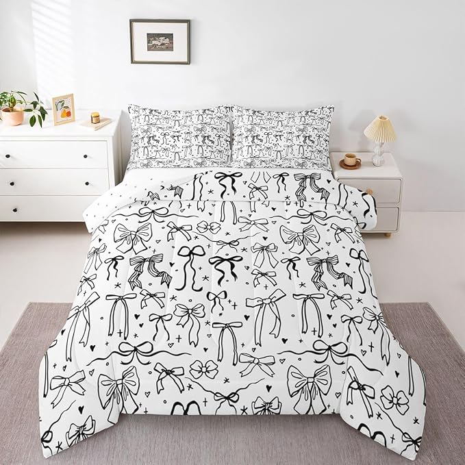 Castle Fairy Black Bowknot Bedding Sets Twin Size,Bow Tie Knot Pattern Comforter Set 2Pcs for Kids Girls Women Room Decor,Sweet Princess Style Quilted Duvet Girly Modern Down Comforter,1 Pillowcase