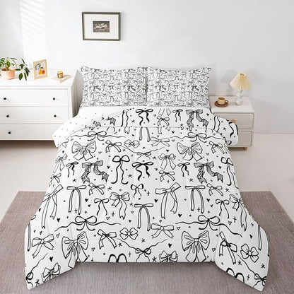 Castle Fairy Black Bowknot Comforter Set King Size,Bow Tie Knot Pattern Bedding Sets 3Pcs for Kids Girls Women Room Decor,Sweet Princess Style Quilted Duvet Girly Modern Down Comforter,2 Pillowcases