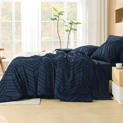 Litanika Navy Blue Queen Size Comforter Set with Sheets - 7 Pieces Bed in a Bag Queen Boho Tufted Complete Bedding Sets with Comforter, Sheets, Pillowcases & Shams
