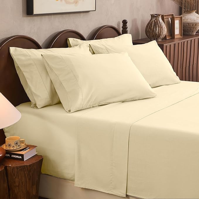 100% Linen Sheet Set Cal King Size Extra Deep Pocket Fits 18-24 Inch Mattress, Breathable & Soft, Smooth 6-Piece Set for Thick Mattresses Hotel Luxury Bedding（Cal King, Brown Taupe）