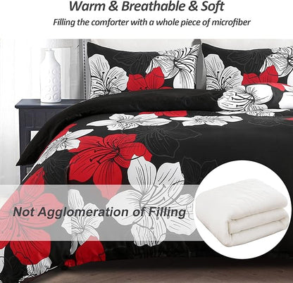 Menghomeus Black Comforter Set Queen Red and White Floral Comforter with 2 Pillowcases Modern Bedding Sets Lightweight Bed Set for All Season