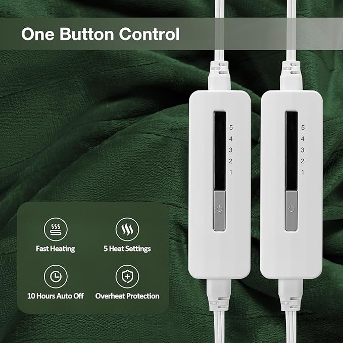 Electric Heated Blanket Queen Size 84"x90", Soft Plush Microplush for Bed, Dual Controllers & Dual Heating Zones, 10 Hours Auto Off & 5 Heating Levels, Machine Washable, Gifts for Family-Green