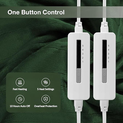 Electric Heated Blanket Queen Size 84"x90", Soft Plush Microplush for Bed, Dual Controllers & Dual Heating Zones, 10 Hours Auto Off & 5 Heating Levels, Machine Washable, Gifts for Family-Green