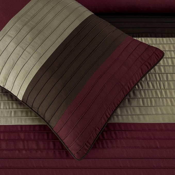 Chezmoi Collection Briar 7-Piece King Bed in a Bag - All Season Lightweight Microfiber Comforter Set - Includes Sheets & Shams - Burgundy/Coffee/Brown Pleated Stripe Design