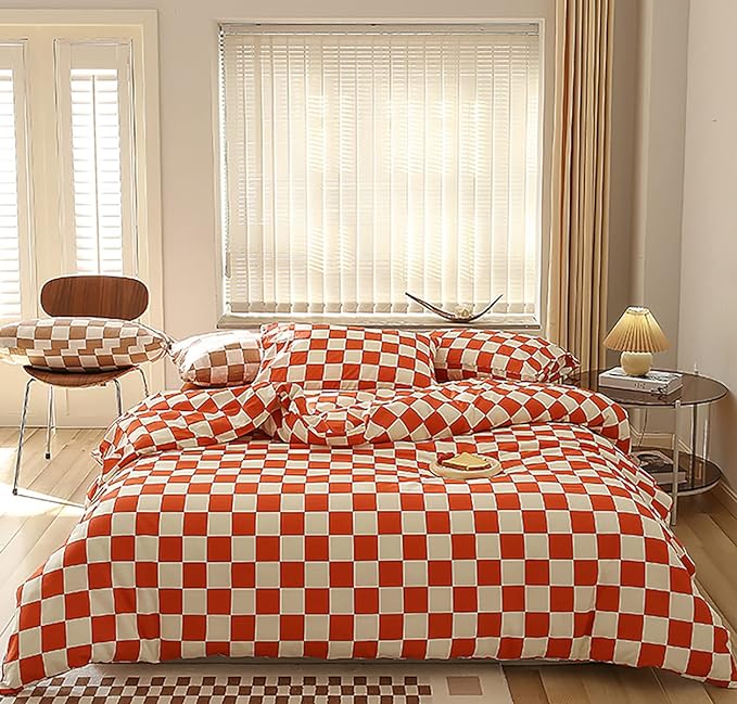 KAREVER Orange White Grid Comforter Set Queen Burnt Orange Plaid Bedding Set Women Reddish and White Checkered Bed Comforter Set Breathable Blanket Set Men Durable Bedding Comforter Set