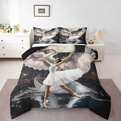 Ballet Girl Dancer King Bedding Set for Adults,Elegant White Swan Dancing Comforter Set Bed Set KidsBedroom Decor,Dreamy Moon Night 3 Pieces Quilt Set,Ballet Lover Duvet Insert,2 Pillow Cases