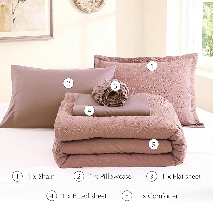 Geniospin Full Size Comforter Set - 7 Pieces Dusty Pink Bedding Set, Botanical Textured Comforter Bed Set, All Season Lightweight Bed in a Bag with Comforter, Sheets, Pillowcases & Shams
