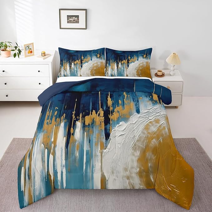 Erosebridal Navy Blue White Gold Comforter Twin Brush Strokes Oil Painting Bedding Set, Gradient Abstract Down Comforter Ombre Graffiti Bed Set, Contemporary Modern Quilted Duvet