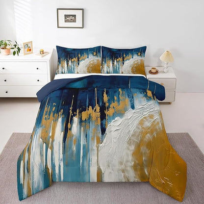 Erosebridal Navy Blue White Gold Comforter Twin Brush Strokes Oil Painting Bedding Set, Gradient Abstract Down Comforter Ombre Graffiti Bed Set, Contemporary Modern Quilted Duvet