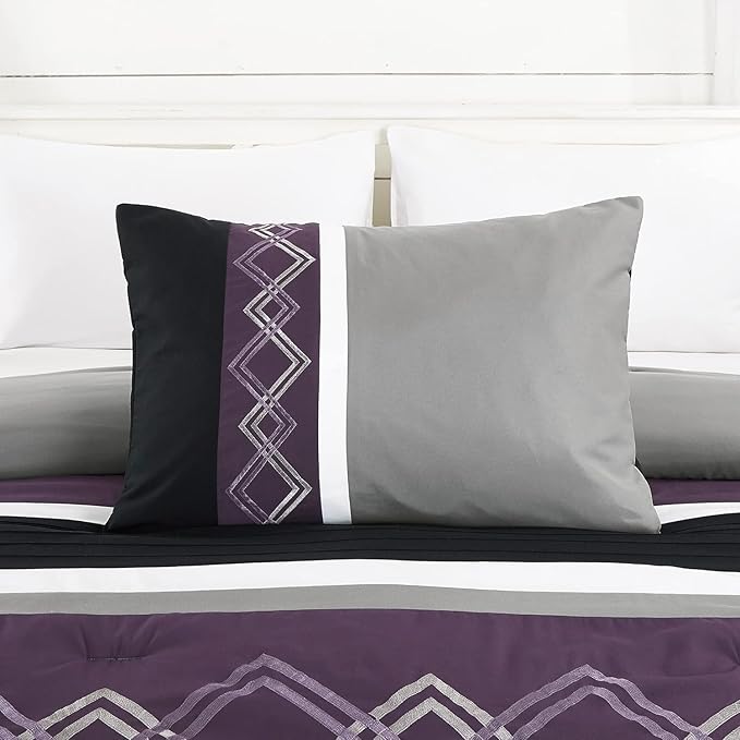 Chezmoi Collection Arden 7-Piece Modern Pleated Stripe Embroidered Zigzag Bedding Comforter Set (Oversized King, Purple/Black/Gray/White)