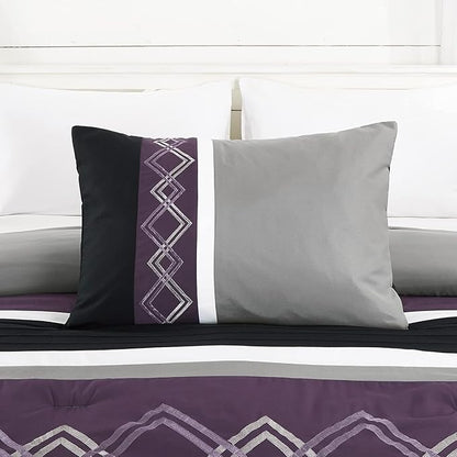 Chezmoi Collection Arden 7-Piece Modern Pleated Stripe Embroidered Zigzag Bedding Comforter Set (Oversized King, Purple/Black/Gray/White)