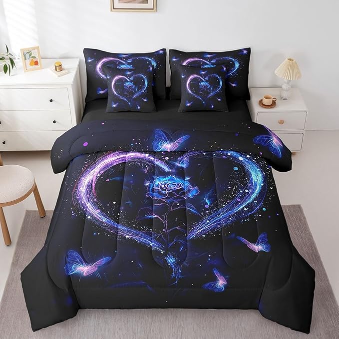 Erosebridal Purple Blue Rose King Comforter Set for Girls Women,Butterfly Rose Floral Bed in a Bag 7 Piece for Couples Bedroom Decor,Romantic Love Heart Bedding Set Valentines Day Wedding Gifts