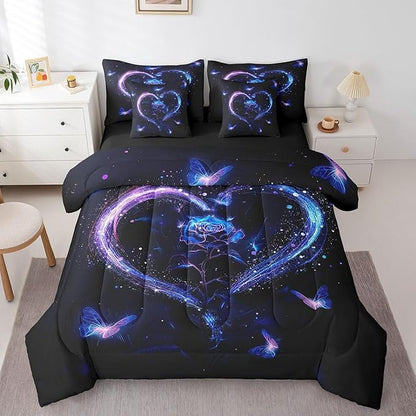 Erosebridal Purple Blue Rose King Comforter Set for Girls Women,Butterfly Rose Floral Bed in a Bag 7 Piece for Couples Bedroom Decor,Romantic Love Heart Bedding Set Valentines Day Wedding Gifts
