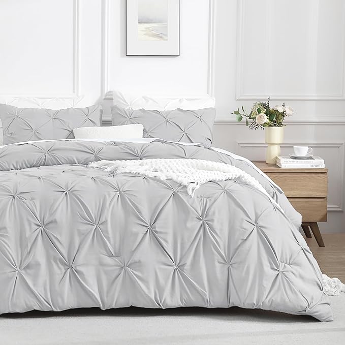 Andency Gray Pinch Pleat Comforter Twin(66x90Inch), 2 Pieces(1 Grey Pintuck Comforter and 1 Pillowcase) Microfiber Down Alternative Bedding Set