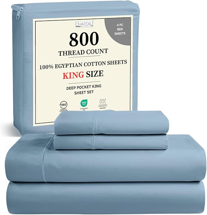 100% Egyptian Cotton Sheets For King Size Bed, 800 Thread Count Sateen Weave Deep Pocket King Sheet Set, Sheet & Pillowcase Sets, No Pill, Soft & Comfy Naturally Cool & Breathable- French Blue