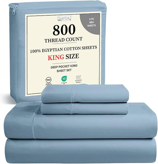 100% Egyptian Cotton Sheets For King Size Bed, 800 Thread Count Sateen Weave Deep Pocket King Sheet Set, Sheet & Pillowcase Sets, No Pill, Soft & Comfy Naturally Cool & Breathable- French Blue