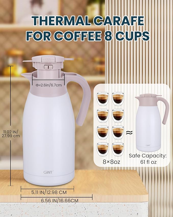 GiNT 1.9L / 64Oz Thermal Coffee Carafe, Insulated Stainless Steel Coffee Carafes for Keeping Hot/Double Walled Vacuum Thermal Carafe (White)