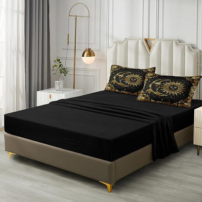 Black Gold Comforter Sets Sun and Moon Bedding Gold Stars Starry Sky Galaxy Theme Boho Chic Bedding Comforter Paisley Floral Botanical Exotic Comforter King Bed in A Bag