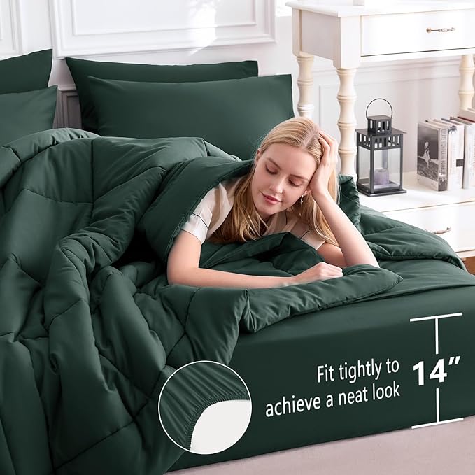 CozyLux Queen Comforter Set Forest Green, 7 Pieces Bed in a Bag, Green Comforter Queen Size, All Season Bedding Sets with Stitch Quilted Comforter, Flat Sheet, Fitted Sheet, Pillowcases