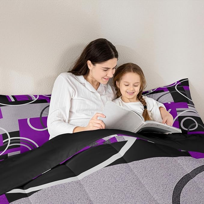 Abstract Stripes Swirls Comforter Set Modern Purple White Quilt Set Geometric Circles Lines Bedding Set Chic Black Grey Duvet Insert Graphic Simple Style Soft Microfiber Bedding Comforter Sets Queen