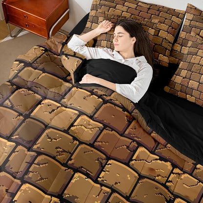 Castle Fairy Miner Square Comforter Sets - 7 Pieces Full Size,Pixelated Theme All Season Reversible Bed in a Bag Video Games Bedding Set Brown Pixel Style Flat Sheet,Fitted Sheet,Pillowcases