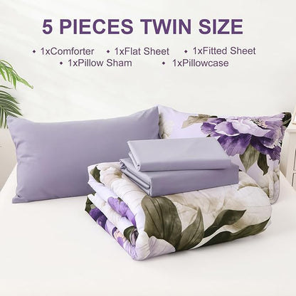 Dobuyly Purple Twin Comforter Set 5 Piece Bed in a Bag Twin Size, Purple Floral Printed on Light Purple Comforter Set with Sheets, Soft Microfiber Botanical Complete Bedding Set for All Season