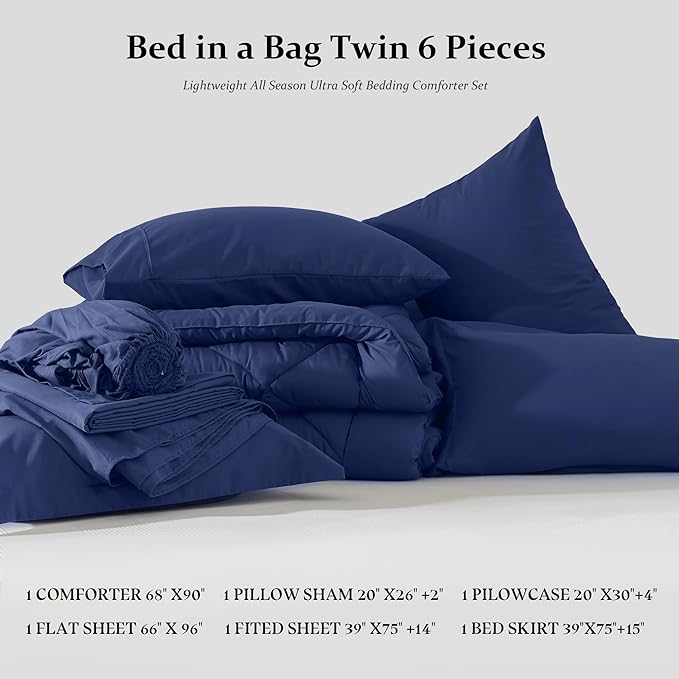 Newspin Twin Comforter Set Blue - Bed in a Bag Twin Size 6 Pieces, All Season Bed Set, Fluffy Comforter Set with Sheets, Sheet Set Quilt Blanket, Pillowcases & Shams & Bed Skirt