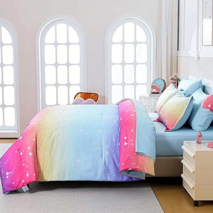 Drucon Girls Comforter Set Twin, 6 Pieces Bed in A Bag Gradient Colorful Pink Blue Ombre Glitter Bedding Set (1 Comforter, 1 Flat Sheet, 1 Fitted Sheet, 1 Pillow sham, 2 Pillowcases)