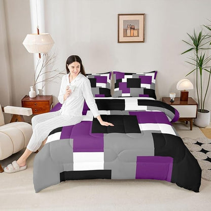 Castle Fairy Purple Grey Black Kids Comforter Set King Size,Geometric Grid Square Splicing Down Alternative Adults Bedroom Decor,Modern Abstract Ultra Soft Microfiber Inner Fill 3 Pcs Bedding