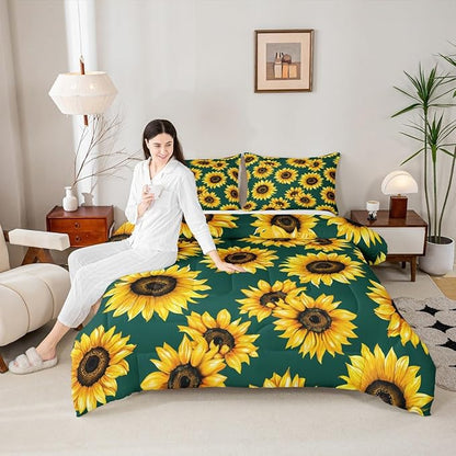 Erosebridal Sunflower Comforter Set King Size 3D Floral Bedding Set for Kids Girls Women Adult Yellow Floral Down Comforter Botanical Flower Print Green Quilt Set Blossom Garden Duvet Set