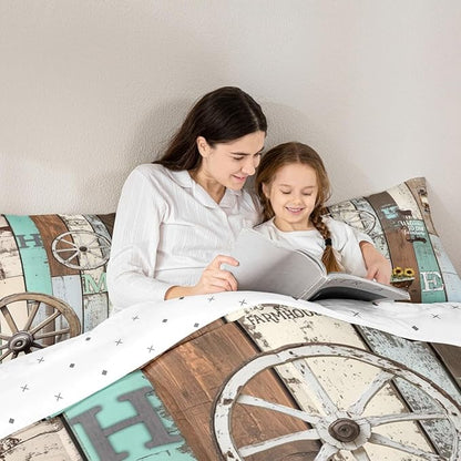 Western Rustic Comforter Twin Farmhouse Cabin Quilt Bedding Set For Kids Adult Men Women,Farm Animal Sunflower Wheel Comforter Set Retro Barn Door Windmill Duvet Blue Green Home Room Decor 2 Pcs