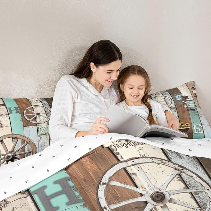 Western Rustic Comforter Full Farmhouse Cabin Quilt Bedding Set For Kids Adult Men Women,Farm Animal Sunflower Wheel Comforter Set Retro Barn Door Windmill Duvet Blue Green Home Room Decor 3 Pcs