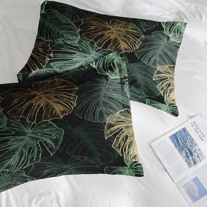 Comforter Set King Size, Green Golden Tropical 7 Pcs Bedding for Kids and Adults, Leaves Monstera Palm Leaf Bed Sheet Sets with Fitted Sheet 2 Pillowcases & 2 Shams for Bedroom Bed Decor