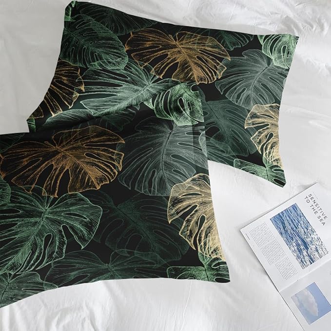 Comforter Set Full Size, Green Golden Tropical 7 Pcs Bedding for Kids and Adults, Leaves Monstera Palm Leaf Bed Sheet Sets with Fitted Sheet 2 Pillowcases & 2 Shams for Bedroom Bed Decor